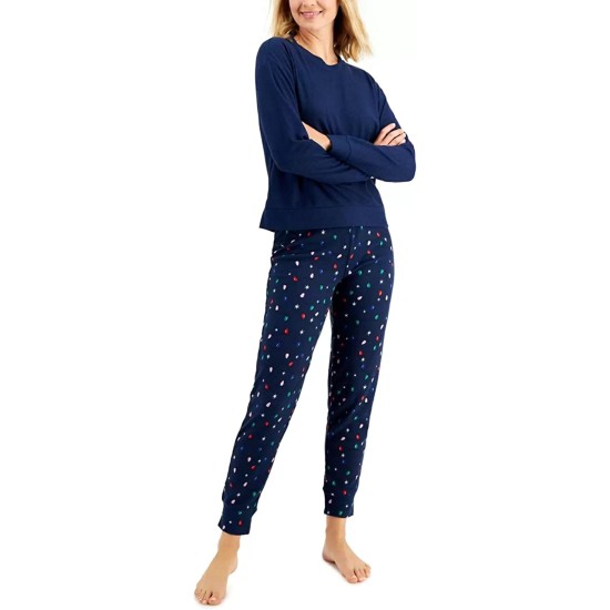  Women’s Long Sleeve Waffle Pajama Top and Jogger Set, Navy, X-Large