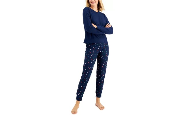  Women’s Long Sleeve Waffle Pajama Top and Jogger Set, Navy, X-Large