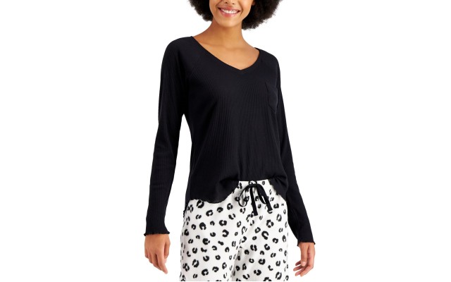  Women’s Ribbed Hacci Sweater Knit Pajama Top, Black, X-Small