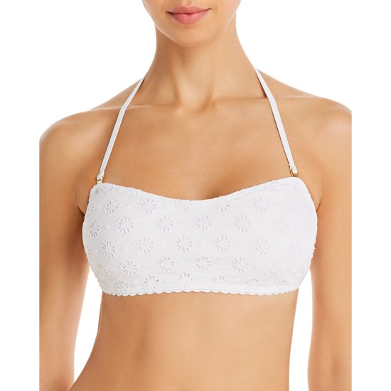  Embroidered Eyelet High-Waist Bikini Top, White, X-Small