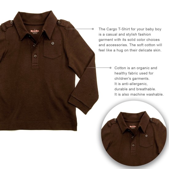 Kidsy Boys Solid Cargo Polo Peruvian Cotton T-Shirt – Long Sleeve, Polo Neck With 3 Buttons, Auburn/Chocolate, 6