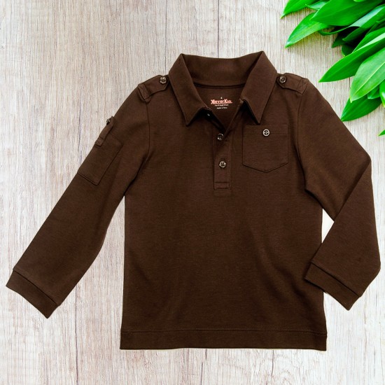 Kidsy Boys Solid Cargo Polo Peruvian Cotton T-Shirt – Long Sleeve, Polo Neck With 3 Buttons, Oatmeal Heather/Chocolate, 2