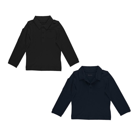 Kleverkids Boys Solid Cargo Polo Peruvian Cotton T-Shirt – Long Sleeve, Polo Neck With 3 Buttons - 2 Pack Navy/Black, Size 8