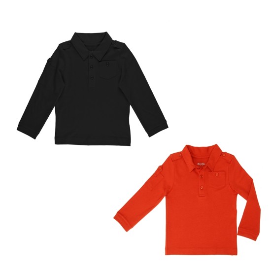 Kleverkids Boys Solid Cargo Polo Peruvian Cotton T-Shirt – Long Sleeve, Polo Neck With 3 Buttons - 2 Pack Black/Auburn, Size 5