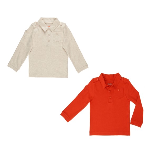 Kidsy Boys Solid Cargo Polo Peruvian Cotton T-Shirt – Long Sleeve, Polo Neck With 3 Buttons, Oatmeal Heather/Auburn, 5