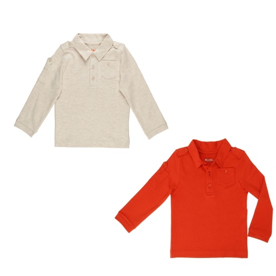 Kidsy Boys Solid Cargo Polo Peruvian Cotton T-Shirt – Long Sleeve, Polo Neck With 3 Buttons, Oatmeal Heather/Auburn, 4