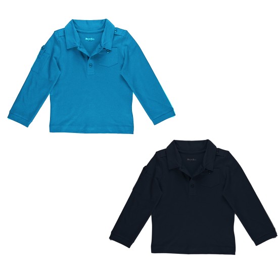Kleverkids Boys Solid Cargo Polo Peruvian Cotton T-Shirt – Long Sleeve, Polo Neck With 3 Buttons - 2 Pack Navy/Williamsburg Blue, Size 2
