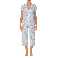 Lauren Ralph Lauren Dolman Sleeve Notch Collar Capri Pants Pajama Set, White/Blue, X-Small