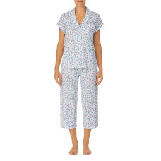 Lauren Ralph Lauren Dolman Sleeve Notch Collar Capri Pants Pajama Set, White/Blue, X-Small