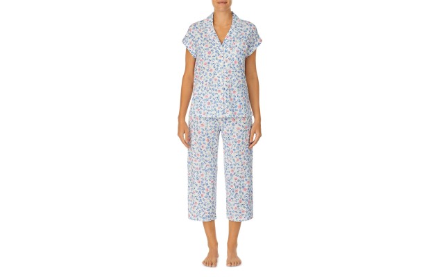 Lauren Ralph Lauren Dolman Sleeve Notch Collar Capri Pants Pajama Set, White/Blue, X-Small