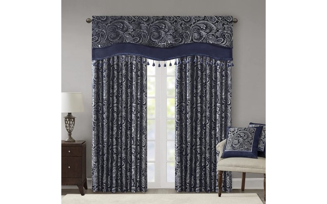  Aubrey 50″ x 18″ Beaded Jacquard Window Valance, Navy