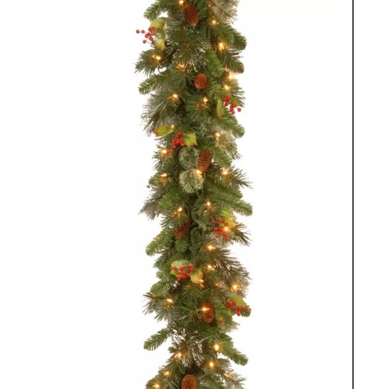  9′ Wintry Pine Garland With Cones, Red Berries, Snowflakes