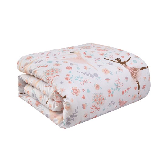 Olivia & Finn Ballerina Flowers 4 Piece Kids’ Comforter Set, Twin, White/Pink