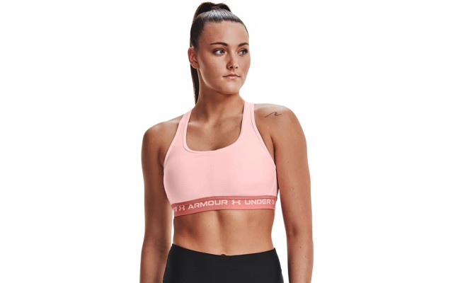  Women’s HeatGear Medium Impact Sports Bra, Pink, X-Large