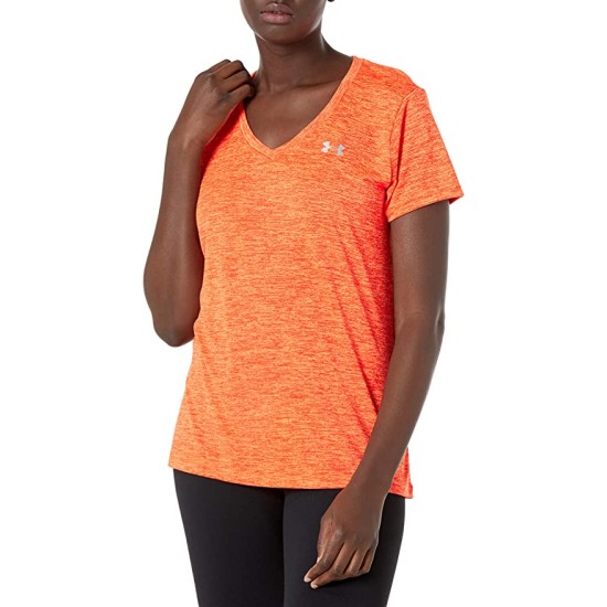  Women’s Tech Short Sleeve V-neck – Twist  (Blaze Orange (825)/Metallic Silver, XS)