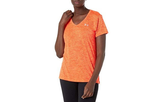  Women’s Tech Short Sleeve V-neck – Twist  (Blaze Orange (825)/Metallic Silver, XS)