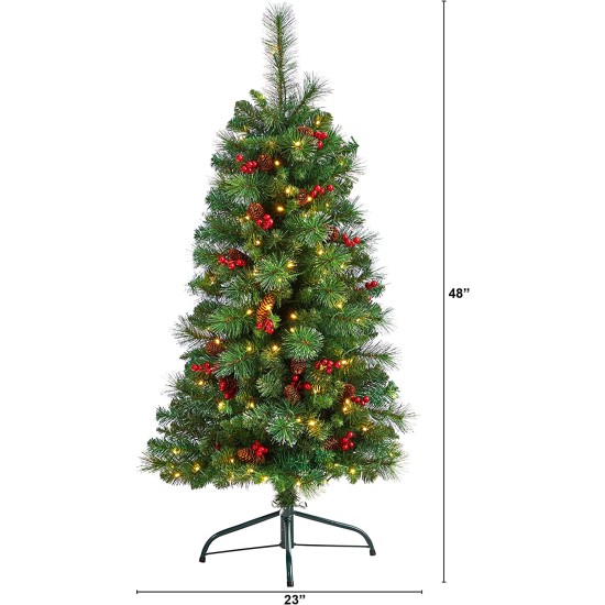 4ft. Flat Back Montreal Mountain Pine Artificial Christmas Tree with Pinecones, Berries and 80 Warm White LED Lights and 145 Bendable Branches