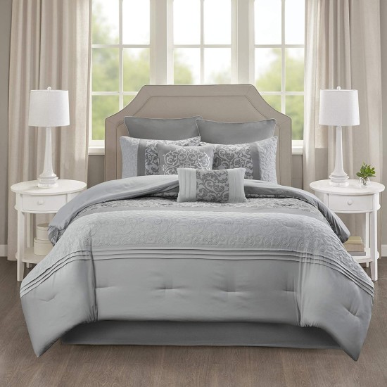  Luxe Quilted Comforter Set Modern Transitional Design, All Season Down Alternative Warm Bedding Matching Shams, Bedskirt, Decorative Pillow, King(104″x92″), Damask Grey 8 Piece