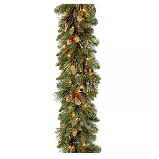 9′ x 10″ Carolina Pine Garland with flocked cones & 100 Battery Operated LED Lights