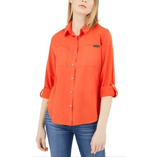  Jeans Button-Front Roll-Tab-Sleeve Top, Orange, Small