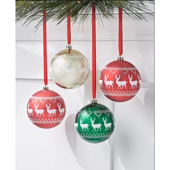 Christmas Cheer Set of 4 Shatterproof Decorated Red, Green, Gold Ball Ornaments