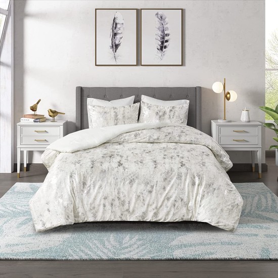  Trendy Comforter Set, Modern All Season Cover, Cozy Bedding, Matching Shams, King/Cal King (104 in x 92 in), Pearl Metallic Abstract Print, Ivory 3 Piece