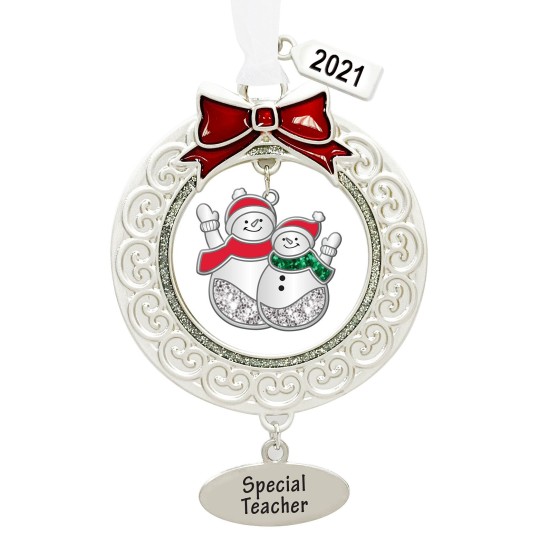  2.98″ Tidings Ornament Snowmen ‘Special Teacher’ with Dated 2021 Charm, Silver