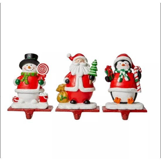 Glitzhome 3 Piece Santa, Snowman, Penguin Stocking Holder Set, 4.5″, Red