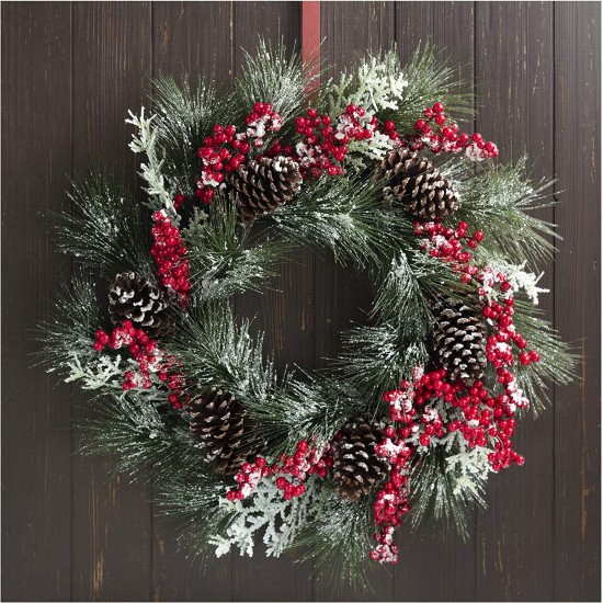  Flocked Pinecone Berry Wreath, Green/Red