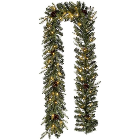  Pre-Lit Greenery Pine Cone Christmas Garland Flocked with Warm White LED Light – 9 ft