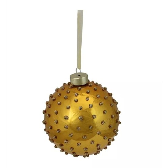 Golden Yellow 2-Finish Dot Round Glass Christmas Ball Ornament 4″