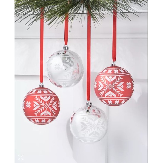 Holiday Lane Christmas Cheer Set of 4 Shatterproof Decorated Silver and Red Ball