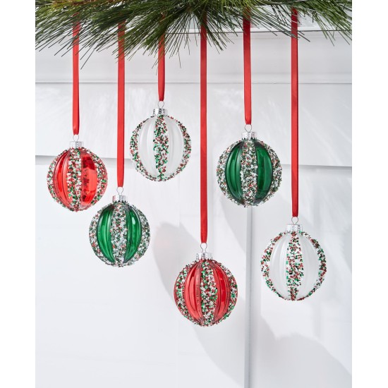  Christmas Cheer Set of 6 Red, Green & White Stripe Shatterproof Ball Ornament