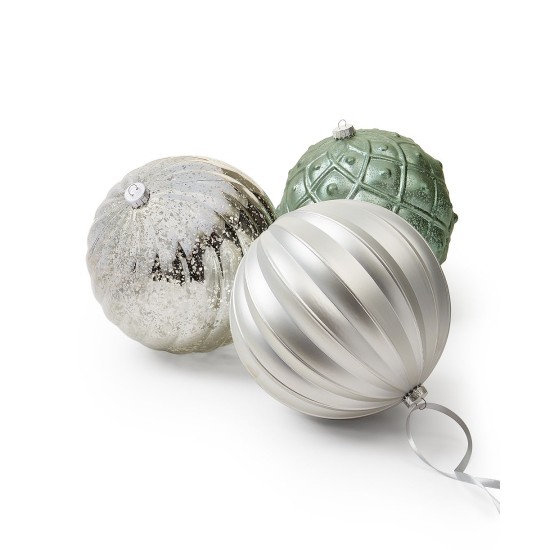  Cozy Christmas Set of 3 Shatterproof White, Green and Silver-Tone Ball Ornaments