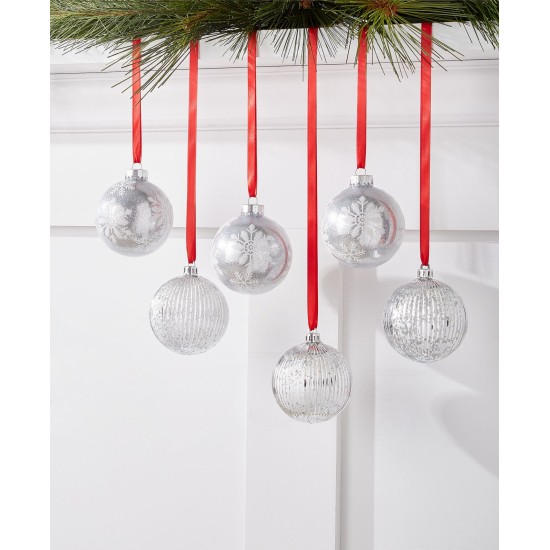  Cozy Christmas Set of 6 Shatterproof Silver-Tone Decorated Ball Ornament