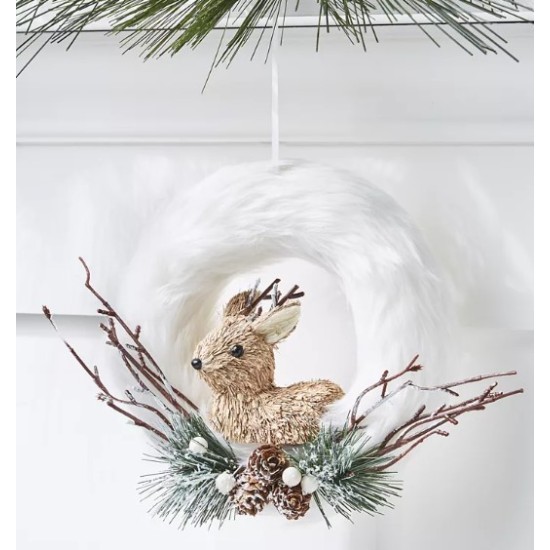 Holiday Lane Cozy Christmas White Faux Fur Reindeer Wreath Ornament