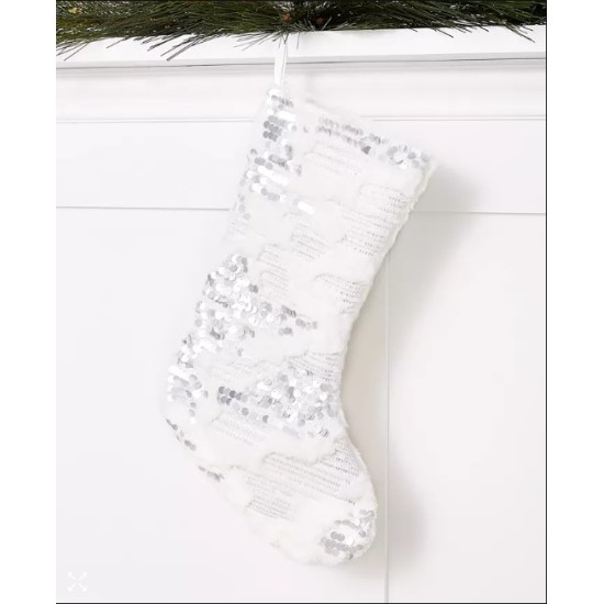 Holiday Lane Plush White Stocking with Silver Sequins