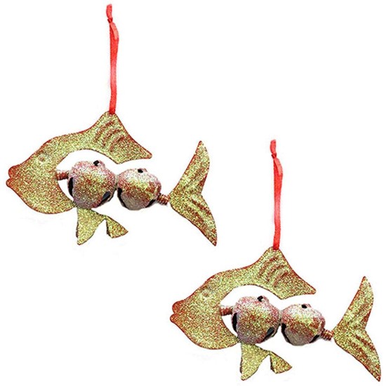  Red&Gold Glitter Jingle Bell Fish Holiday Christmas Ornaments (Set Of 2)