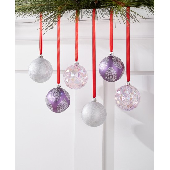  Royal Holiday Set of 6 Shatterproof Silver-Tone Purple Ball Ornament