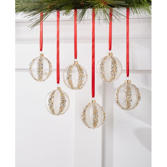  Shine Bright Set of 6 White & Gold-Tone Shatterproof Striped Ball Ornament