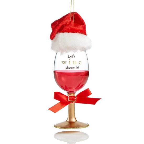  Spirits Red Wine Glass with santa Hat Ornament