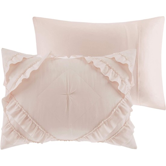  Queen Coverlet Set With Tufted Diamond Ruffles, Queen, Blush
