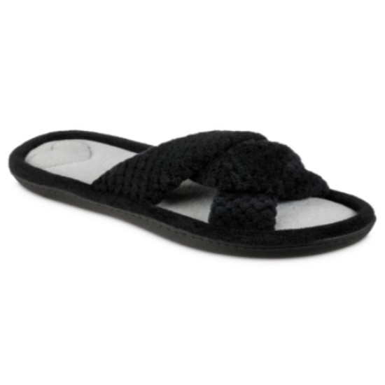  Signature Women's Popcorn Eco Microterry Slide Slippers with Memory Foa, Black, 6-7
