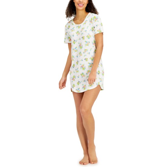  Women’s Short Sleeve Printed Sleep Shirt, White, Large
