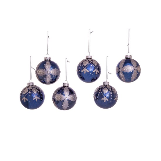  80 Mm Glass Ball Ornaments 6 Piece Set, Blue/Silver
