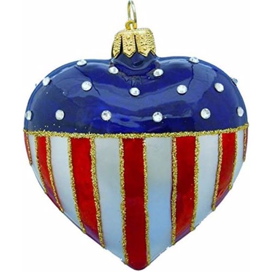  Opal Patriotic Heart with Crystals Hand Blown and Hand Decorated Polish Glass Christmas Ornament