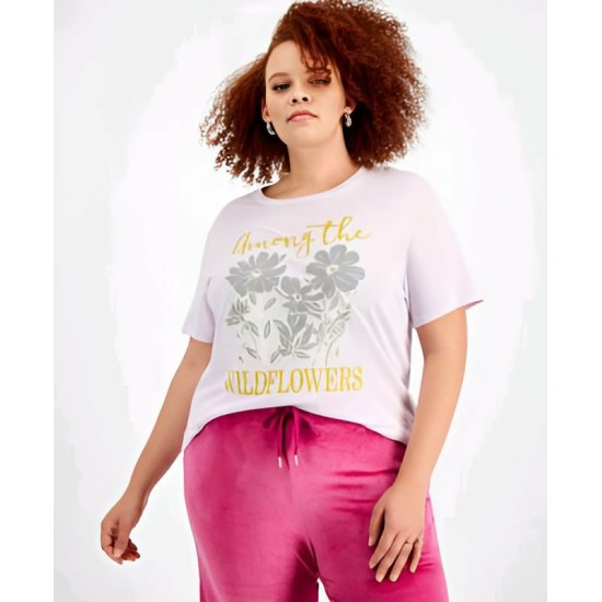  Trendy Plus Size Wildflowers Graphic T-Shirt, Light Purple, 3X