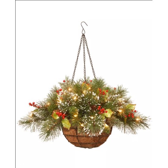 National Tree 20″ Wintry Pine(R) Hanging Basket with Battery Operated Warm White
