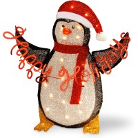 National Tree 29 Inch Silver Tinsel 2D Penguin Holding a “Happy Holidays” Sign with 20 Clear Indoor/Outdoor Lights, 29.9″L x 16.5″W x 18.1″H, Multi