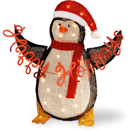  29 Inch Silver Tinsel 2D Penguin Holding a “Happy Holidays” Sign with 20 Clear Indoor/Outdoor Lights, 29.9″L x 16.5″W x 18.1″H, Multi
